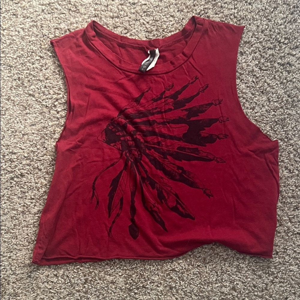 Red Sleeveless Top with Feather Design